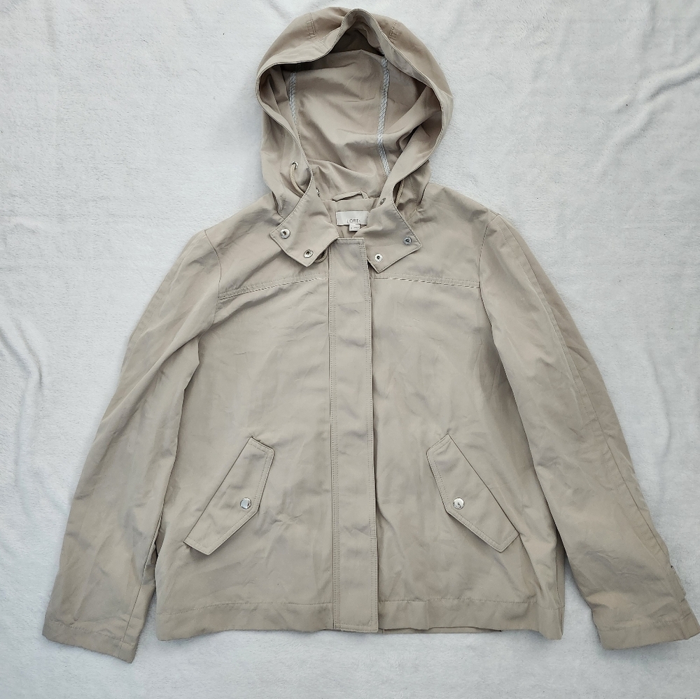 LOFT Women's Full Zip‎ Beige Light Tan Hooded  Lightweight Jacket Large Neutral